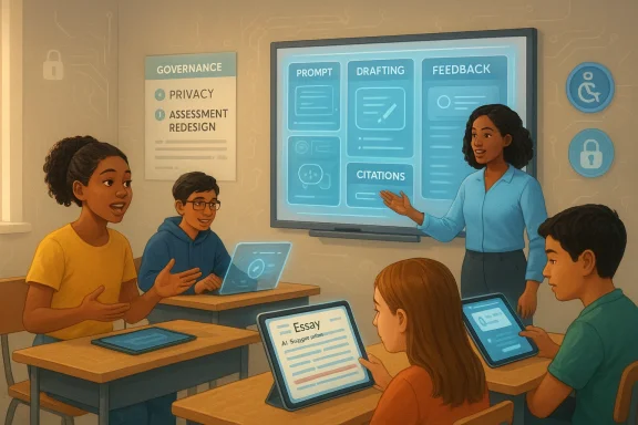 A teacher leads a tech-enabled class as students use tablets while a large screen shows prompts and feedback.