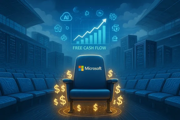 Microsoft chair in a data-center auditorium, framed by a rising Free Cash Flow chart and glowing dollar signs.