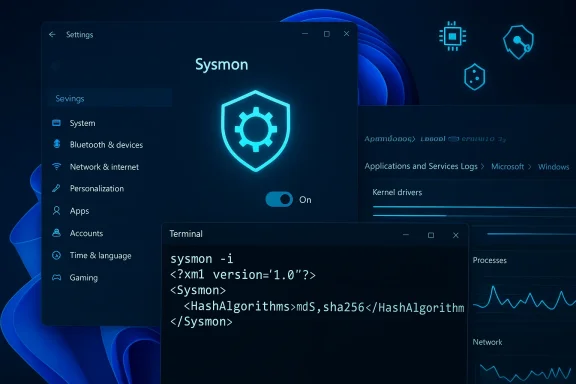 Dark blue Windows-like desktop showing Settings, a Sysmon shield, and a terminal with code.