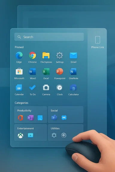 Blue Windows-style app launcher with pinned icons and a hand on a mouse.