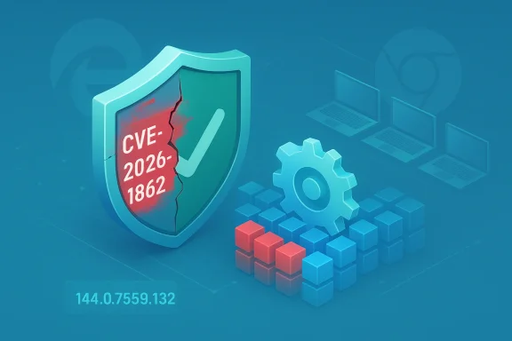 Cracked shield labeled CVE-2026-1862 with gears and blocks, symbolizing a cybersecurity vulnerability.