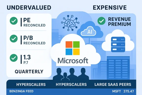 Infographic contrasts undervalued vs. expensive tech stocks, highlighting Microsoft cloud and hyperscalers.