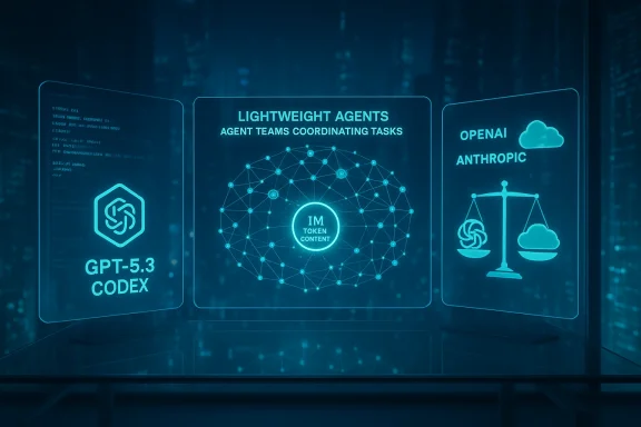 Futuristic holographic panels: GPT-5.3 Codex, lightweight agents coordinating tasks, and OpenAI/Anthropic cloud icons.