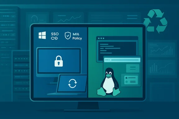 A computer screen shows Windows and Linux icons, a padlock, and a penguin amid dashboards.