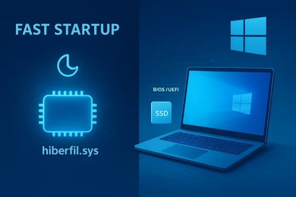 Blue Windows tech concept: fast startup with hiberfil.sys and SSD, BIOS/UEFI.