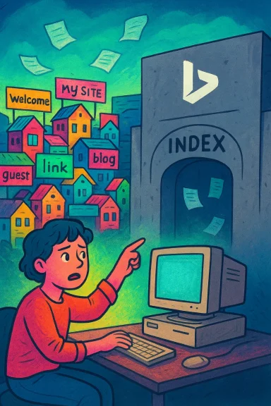 A coder points at a giant INDEX machine, sending site links into a colorful town of signs.