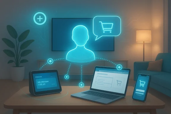 A neon holographic shopper connects laptop, tablet, and phone for online shopping.