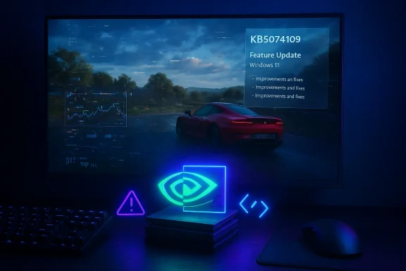 Neon-lit workstation shows Windows 11 feature update on screen with a racing game and holographic security icons.