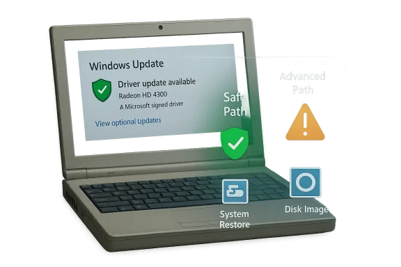 Laptop shows Windows Update alert with Safe Path and Advanced Path icons, plus system restore and disk image options.