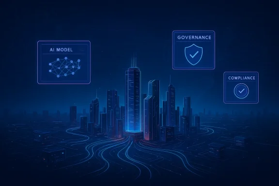 Futuristic cityscape with neon AI model, governance shield, and compliance check.