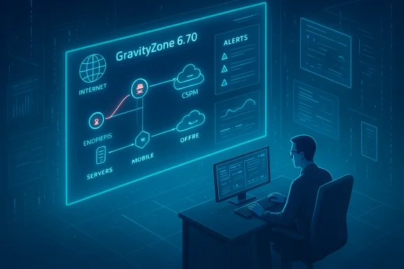 A person sits at a desk, monitoring a holographic GravityZone 6.70 security dashboard.