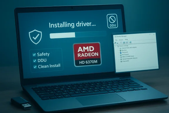 Laptop screen shows AMD Radeon HD 6370M driver installation with progress bar and safety checks.