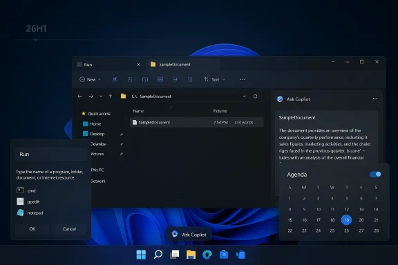 Windows 11 desktop with Run dialog, File Explorer showing SampleDocument, and Copilot panel.