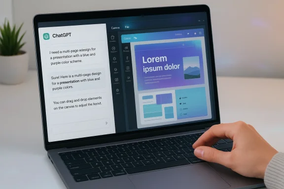 Laptop screen shows ChatGPT chat on the left and a blue purple presentation draft on the right.
