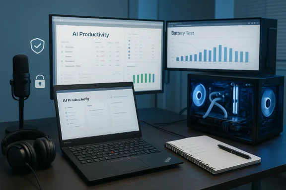 A multi-monitor AI productivity workspace with laptop, microphone, headphones, and notebook.