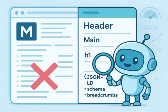 A friendly robot with a magnifying glass explains JSON-LD schema on a two-panel webpage, marked with a red X.