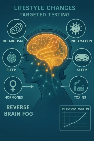 Infographic illustrating lifestyle changes to reverse brain fog and boost brain health.