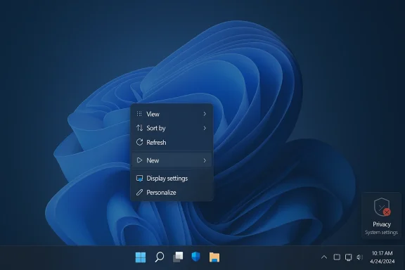Windows 11 desktop with a dark context menu over a blue abstract wallpaper.