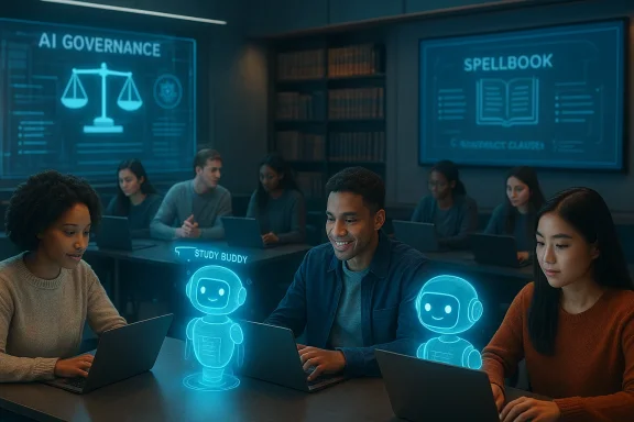 Students study on laptops with glowing holographic robots as study buddies in a high-tech classroom.