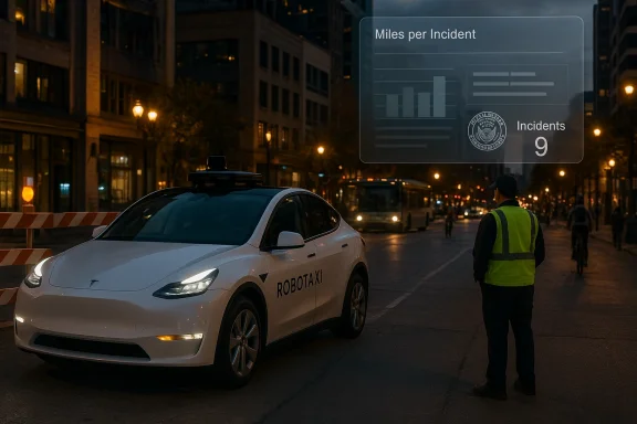 A white RoboTaxi sits on a dim city street at night, with a worker in a reflective vest nearby.