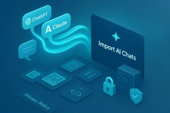 Blue 3D illustration showing Import AI Chats from ChatGPT and Claude with security icons.