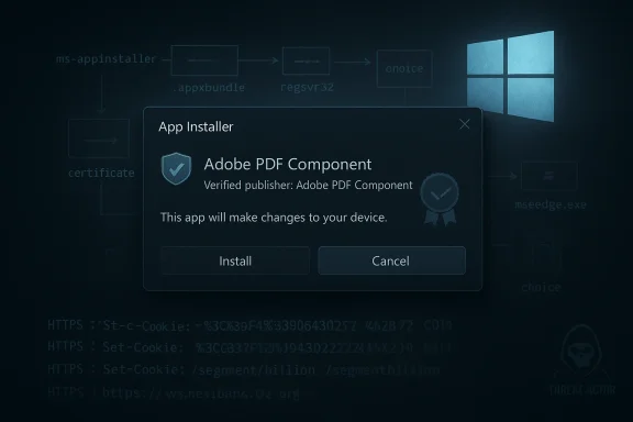 Windows app installer dialog for Adobe PDF Component with Install or Cancel.