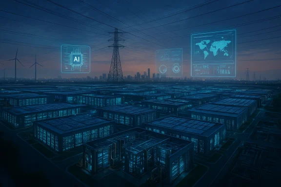Futuristic data center complex at dusk with holographic AI chips and analytics dashboards.