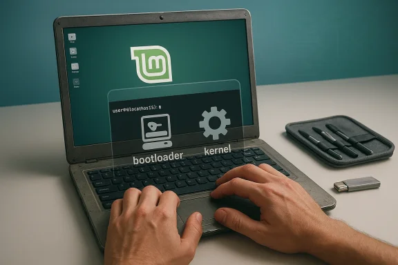 A person typing on a laptop displaying Linux Mint with bootloader and kernel icons.