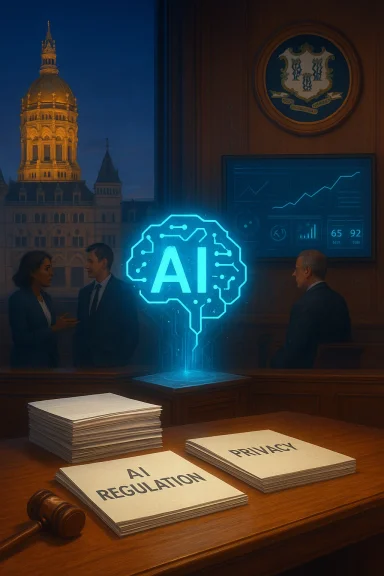 A glowing AI brain hologram hovers above stacks labeled AI Regulation and Privacy in a formal boardroom.