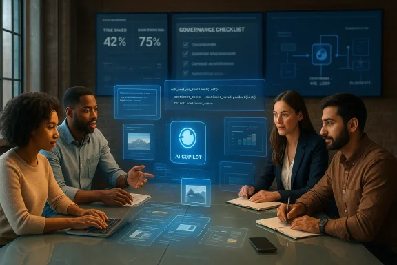 A diverse team collaborates around a futuristic holographic AI cockpit.