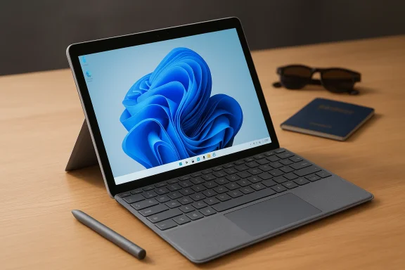 A sleek 2-in-1 tablet with keyboard and stylus on a desk, showing blue abstract wallpaper.