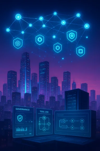 Neon-blue city skyline with floating network nodes and holographic dashboards.