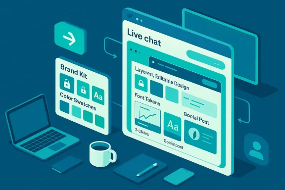 Isometric illustration of a brand kit and live chat UI design.