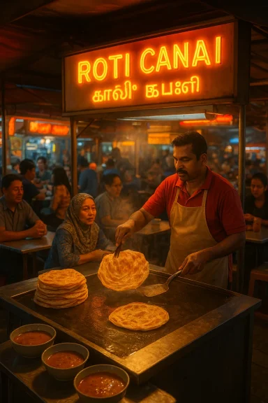 A street vendor flips fresh roti canai on a hot griddle at a busy night market.