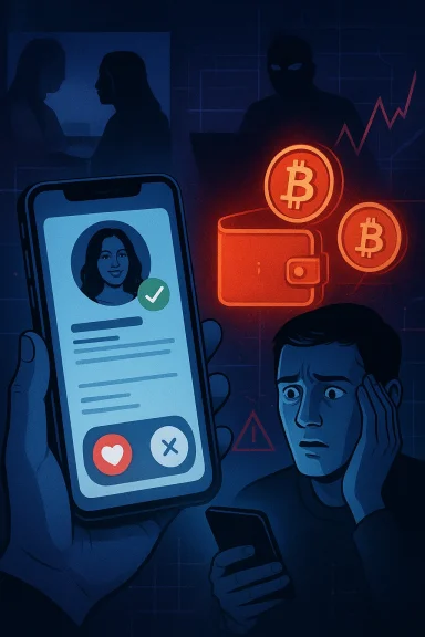 A man panics over a dating-app profile on his phone while glowing Bitcoin coins and a hacker silhouette loom.