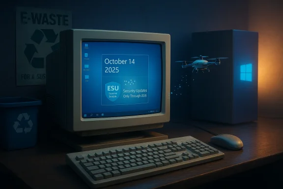 Retro computer setup with a drone hovering beside a Windows-tinted PC and an e-waste poster.