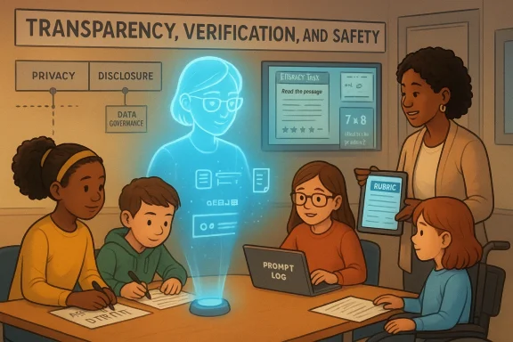 Kids learn transparency, privacy, and safety with a glowing AI hologram guiding their lesson.