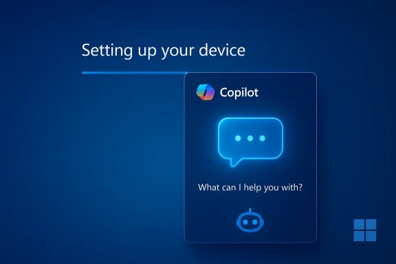 Blue setup screen showing Copilot chat panel during device setup.