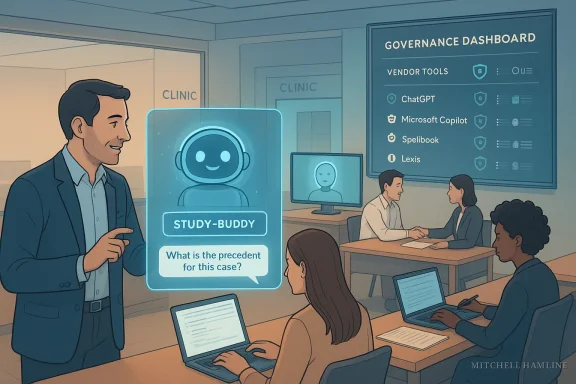 A man presents a holographic study-buddy AI to clinic staff, as a governance dashboard lists vendor tools.