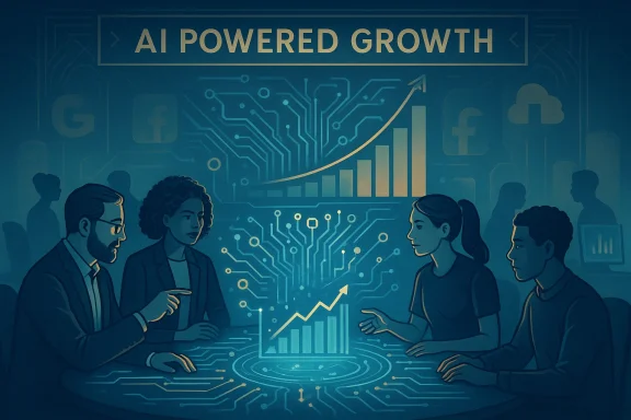 Diverse team discusses AI-powered growth around a holographic chart.