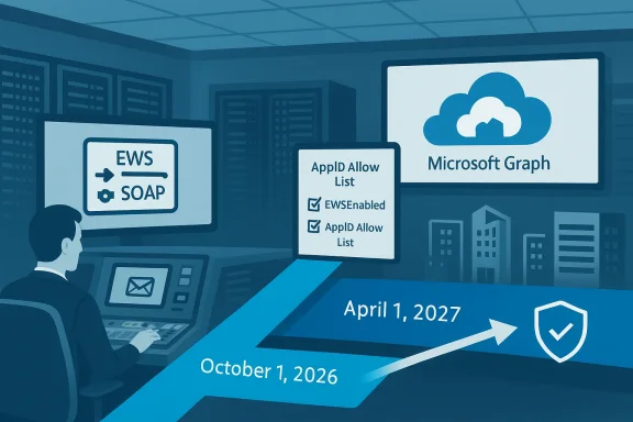 Blue-toned data-center desk shows EWS/SOAP, AppID Allow List, and Microsoft Graph.