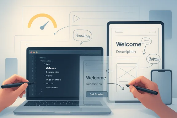 Designers sketch a cross-device UI prototype on laptop, tablet, and phone.