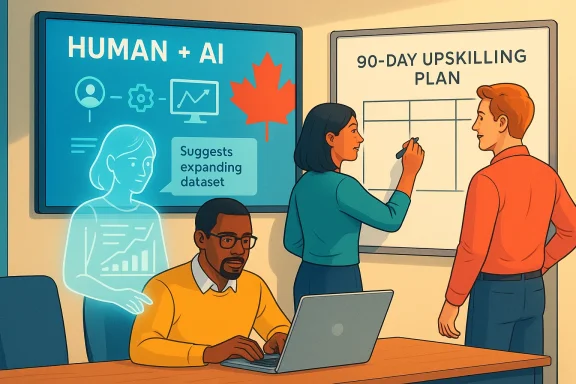 Team works on Human + AI collaboration and a 90-day upskilling plan.