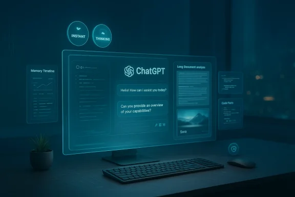 A futuristic holographic ChatGPT interface floats above a desk with keyboard, mouse, and a small plant.