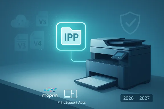 A teal-toned printer glows with an IPP icon, highlighting Mopria print support apps.