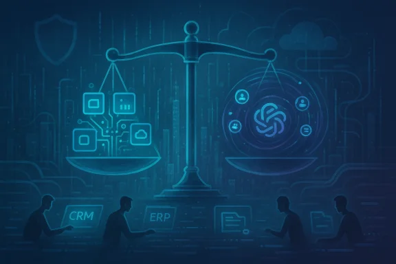 A digital scale balances data blocks on the left with user icons on the right, amid CRM/ERP workflows.