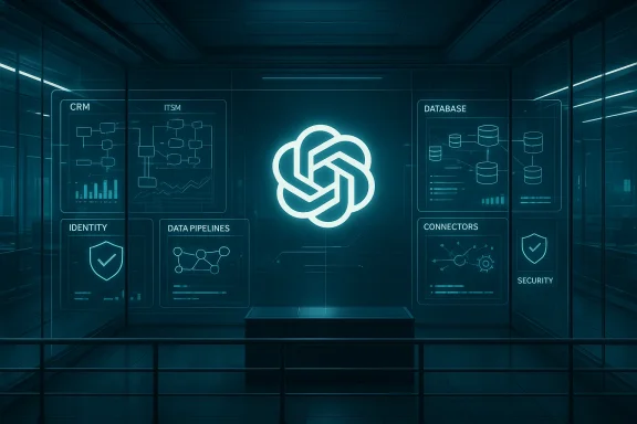 Futuristic data center with a glowing central logo and holographic screens labeled CRM, DATABASE, and SECURITY.