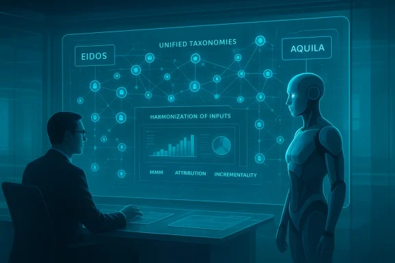 A human analyst and a humanoid robot analyze a holographic dashboard of unified taxonomies.