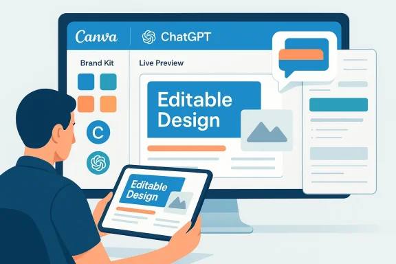 A person uses Canva and ChatGPT to design editable layouts on monitor and tablet.