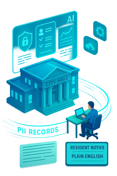 A futuristic city hall with AI dashboards processing resident records.